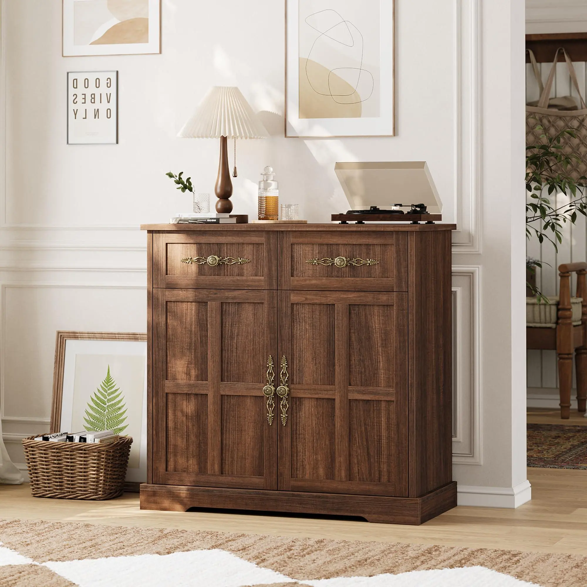 Farmhouse Buffet Sideboard Cabinet with Sturdy Base, 4 Drawers, 2 Doors, Adjustable Shelves, Gold Handles, 33.5 Inch Wood Grain Brown for Dining Room, Kitchen