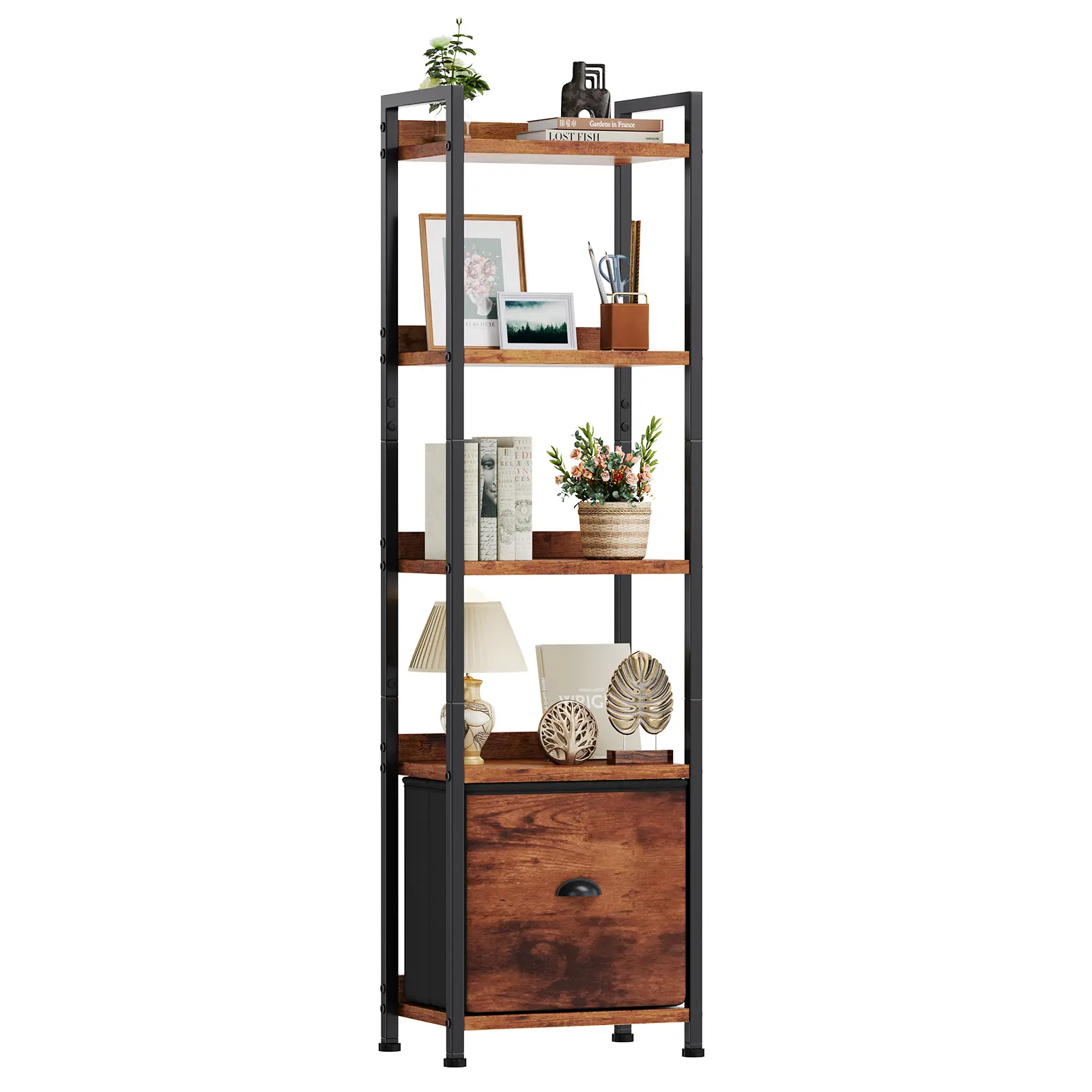 Sweetcrispy Modern Slim Bookshelf with Drawers - Wood & Metal Tall Narrow Organizer, Fabric Drawer Storage Unit for Living Room Decor, House Decor, Small Room Organization Products, Nursery Furniture