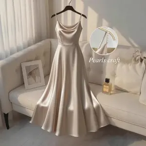 Elegant solid color dress with straps, hand-beaded waist, satin gilded dress for women