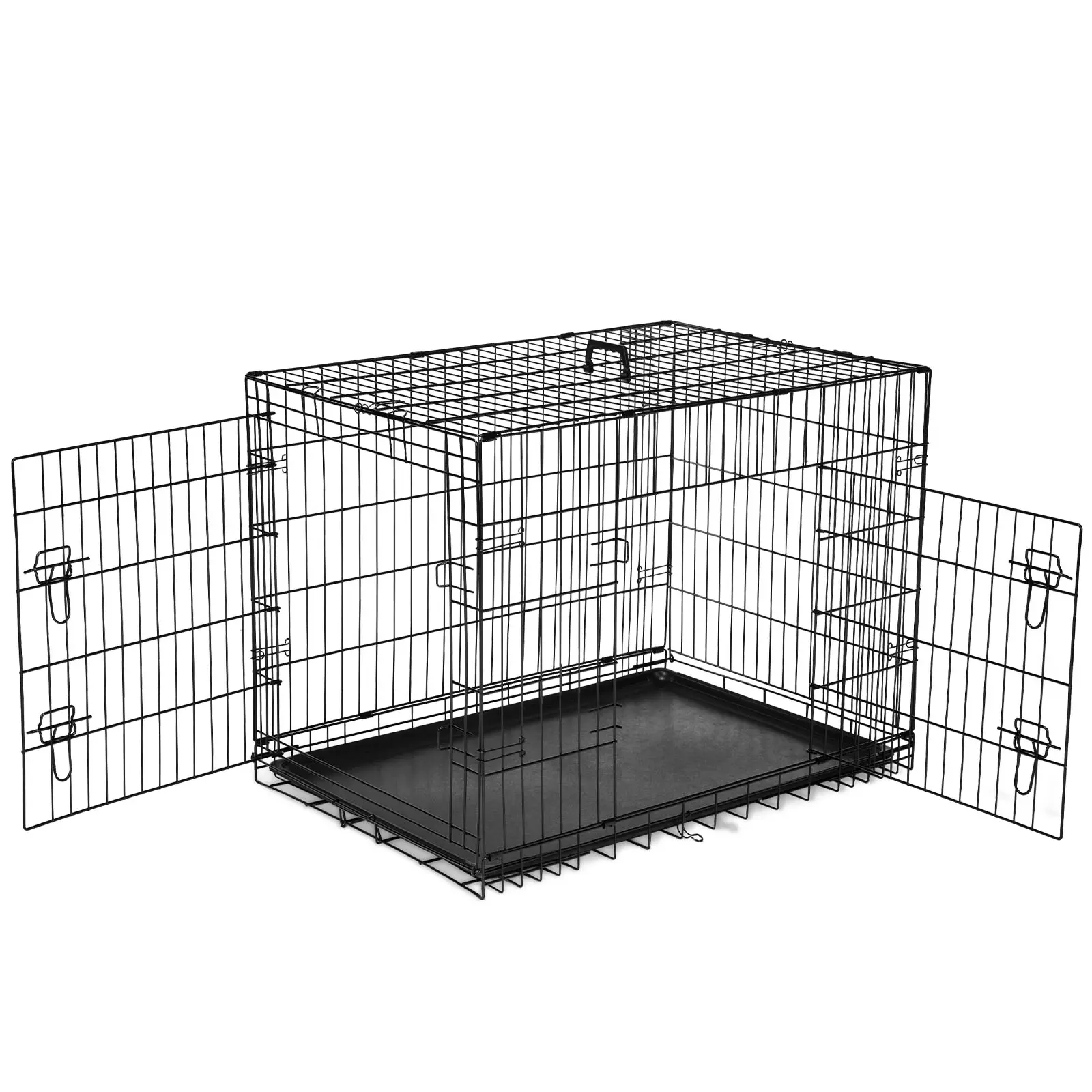 Foldable Large Dog Crate Enclosure - 24/30/36/42/48in Double-Door Metal Wire Escape-Proof Kennel, Divider Panel, Leak-Proof Plastic Pan Tray for Indoor & Outdoor Use