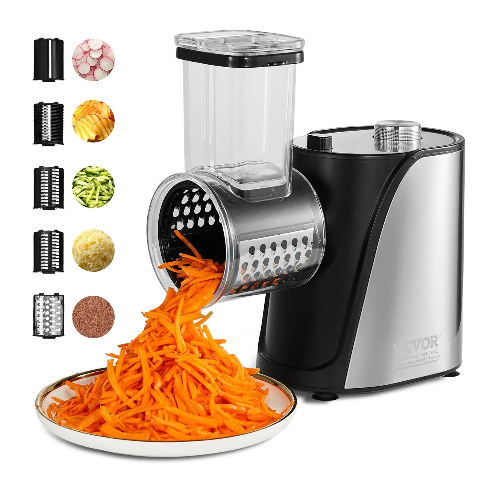 VEVOR 250W Electric Cheese Grater & Salad Maker, Multifunctional Food Prep Tool with 5 Interchangeable Stainless Steel Blades - Slicer, Shredder, Fruit & Vegetable Chopper for Apples, Carrots, Peanuts, Potato Chips