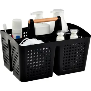 PLL Portable Shower Caddy Basket with Compartments, Plastic Divided Cleaning Caddy Organizer Storage Tote with Handle for Bathroom, College, Dorm Room Essentials, Black