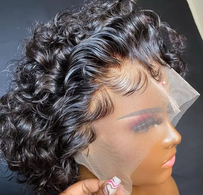 13×4 Lace Front Pixie Cut Wig Human Hair for Black Women,120% Density Loose Curly Wig with Curly Edges, Natural Black, 5 inch, Wigs Human Hair