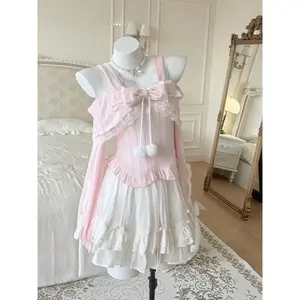 Japanese Kawaii Lace Pink 2-piece Set Women Sweet Warm Off Shoulder Lovable Bow Pullover + High-waist Lolita Short Skirt Suit