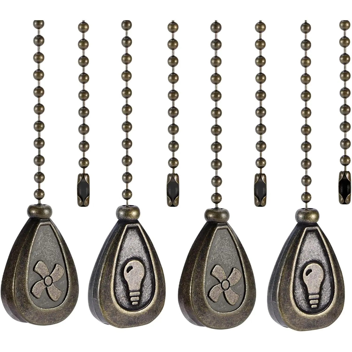 4 Pack Bronzed Ceiling Fan Pull Chain Extension, 12 Inches Classic Drop Shaped Pendant Pull Chains for Ceiling Fans and Lights, Decorative Fan Pulls Extenders with Connector (2 light and 2 fan)