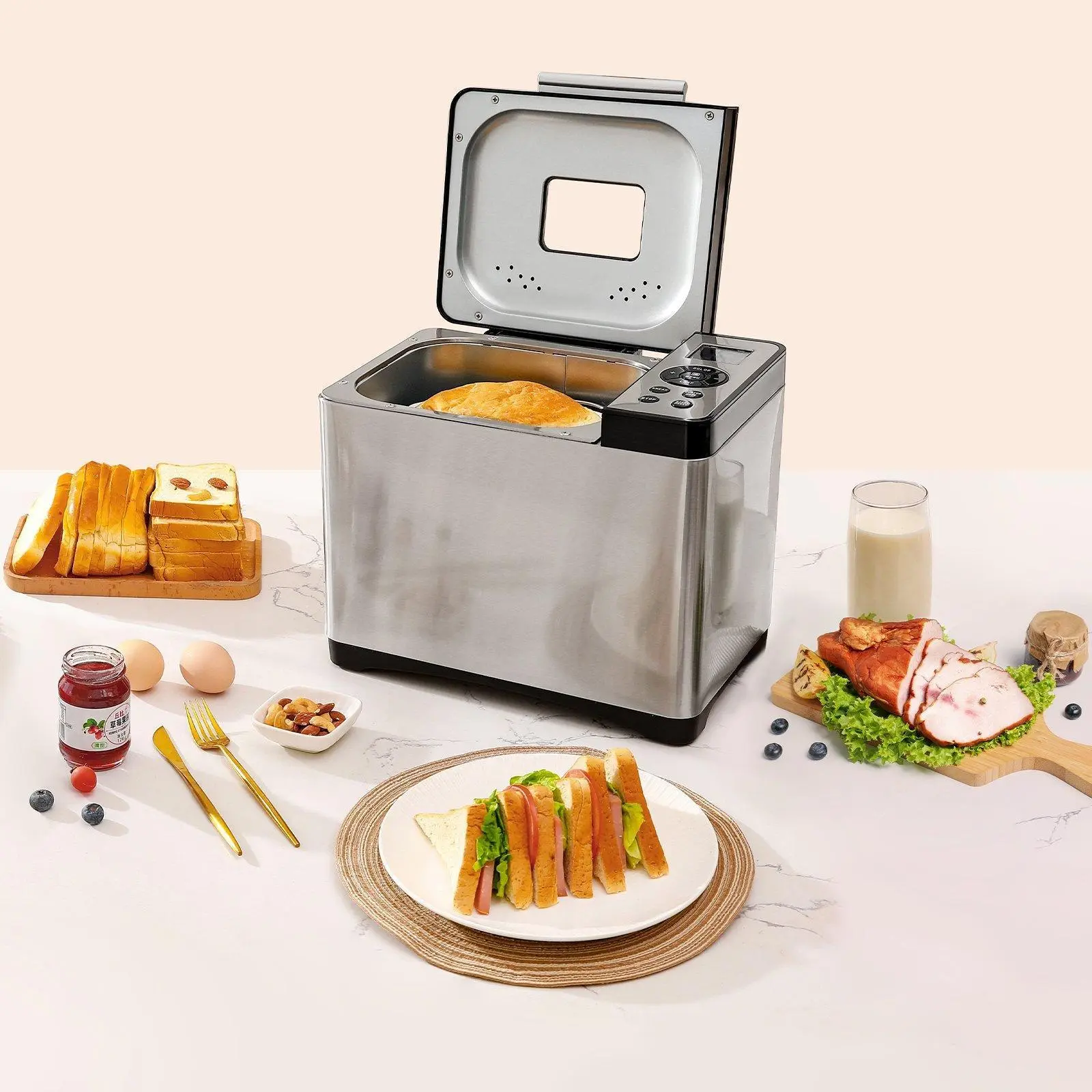 【Summerfinds】Automatic Breadmaker, 2LB Compact Kitchen Bread Maker with 19 Function Programs, Nonstick Ceramic, 3 Crust Colors, Suitable for 1-2 People