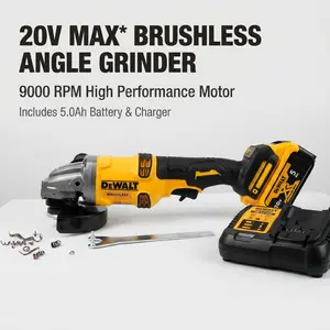 DeWalt DCG405-125 20V Brushless Angle Grinder 125mm Wheel 800W 9000 RPM for Weld Grinding & Pipe Beveling – 6mm Thick, M14 Spindle, Hex Fastening, Full Kit with Battery & Charger slide switch