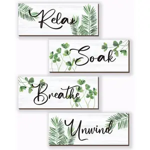 4 Pcs Farmhouse Bathroom Wall Decor Relax Soak Unwind Breathe Wooden Word Sign Green Hanging Wall Art Rustic Decor for Bedroom Living Room Vintage Green Leaves 10X4 Inch