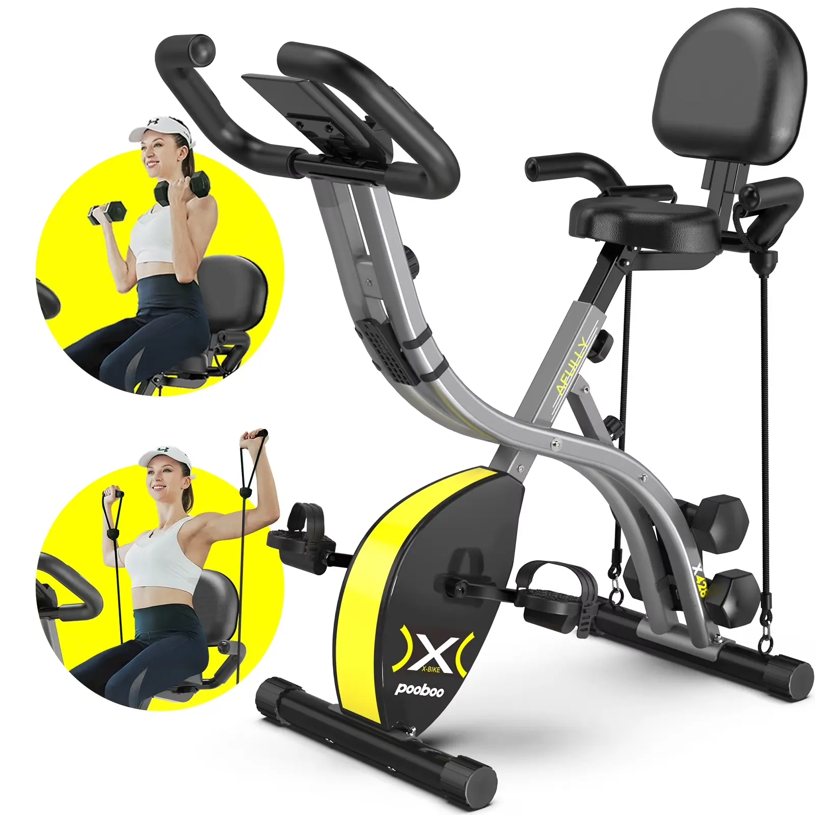 Pooboo Foldable Exercise Bike, Upright Magnetic Stationary Cycle with Steel Frame, Includes Dumbbells & Resistance Bands for Full Body Exercise, Digital Monitor, 300 lbs Capacity, Exercise Bikes