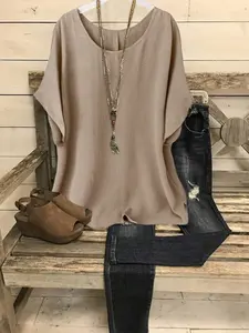 Women's Summer Loose-Fit Batwing Sleeve Pullover Top, Casual Woven Fabric Short Sleeve Shirt, Comfortable Commuter Wear, Breathable Casual Top