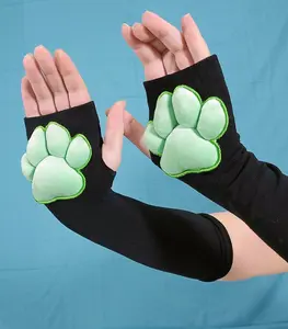 Green Mochi Stuffed Cat Puffy Pawpads on Black Fingerless Gloves Furry Cosplay