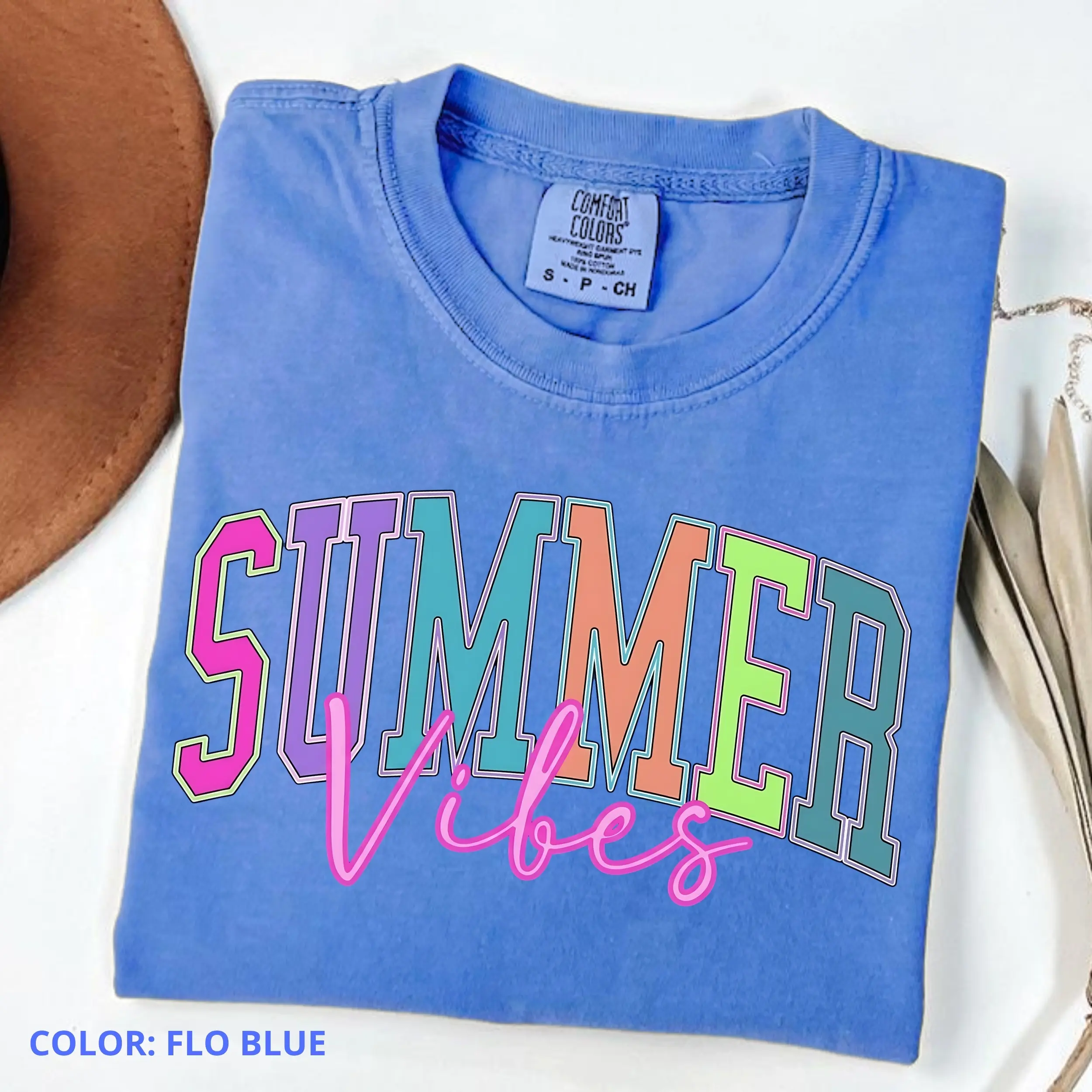 Comfort Colors Summer Vibes Women T-Shirt, Beach Life Graphic Tee, Trendy Summer Shirt for Her, Distressed Beach Mom Tee, Neon River Vacation Gift