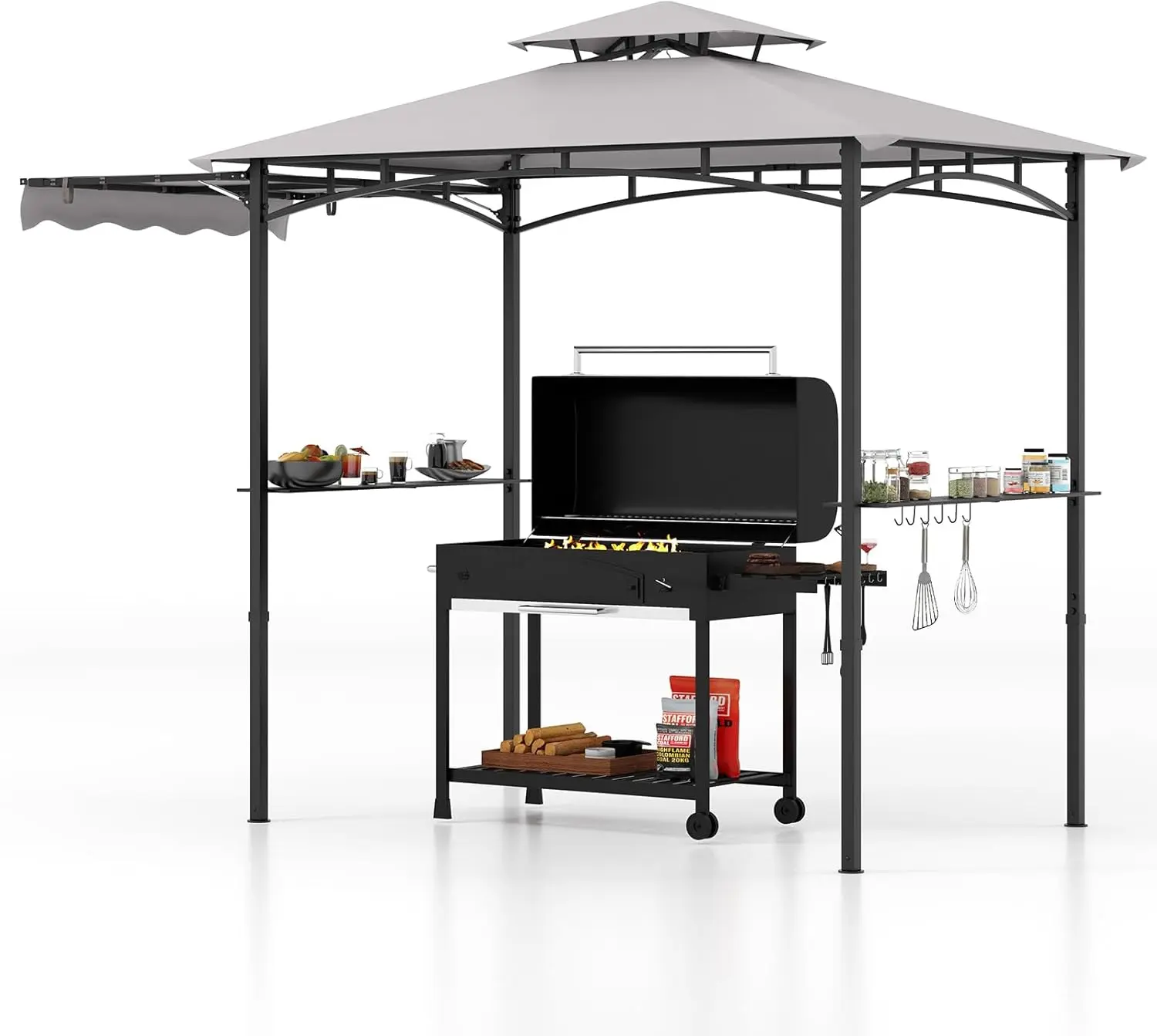 COSTWAY Grill Gazebo with Side Awning, 2-Tier Barbecue Gazebo with Shelves, Hanging Hooks, Bottle Opener, Outdoor Grill Canopy for Backyard Garden Poolside,4th of july decor, dad gift