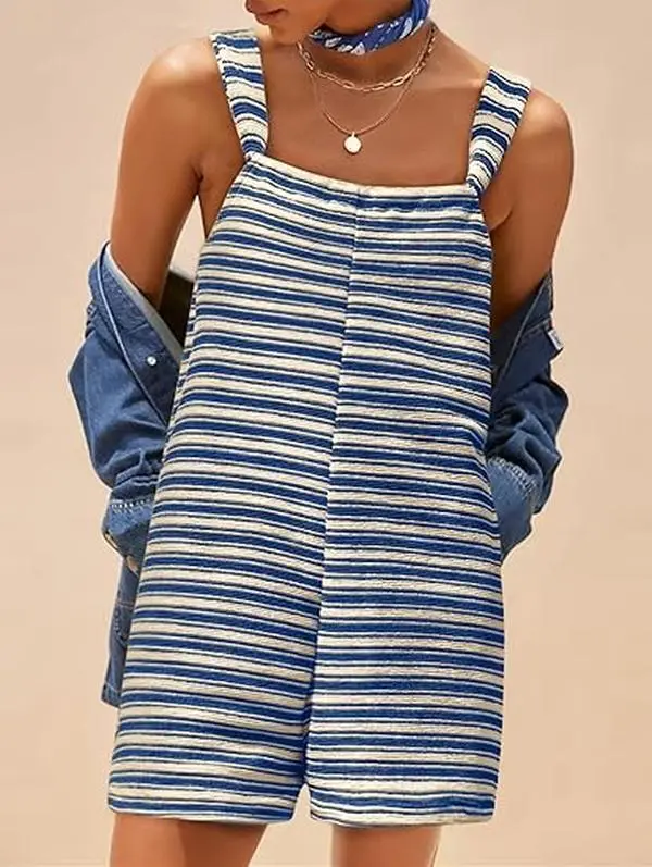 Yousify Women's Striped Sleeveless Romper Loose Fit Tied Shorts Jumpsuit with Pockets for Summer & Fall Casual Wear Scoop Neck Adjustable Drawstring Wide Legs Stylish Overalls Womenswear