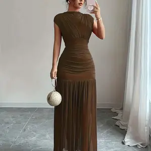 WENRY Women's Elegant Sexy Rushed Waist Minimalist Boat Neck Sleeveless Long Dress, Stylish and Chic Wear for All Events