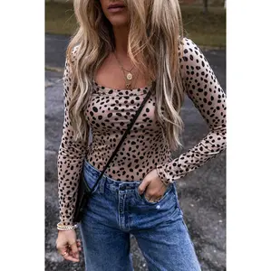 Leopard Print Bodysuit for Women, Long Sleeve, V-Neck