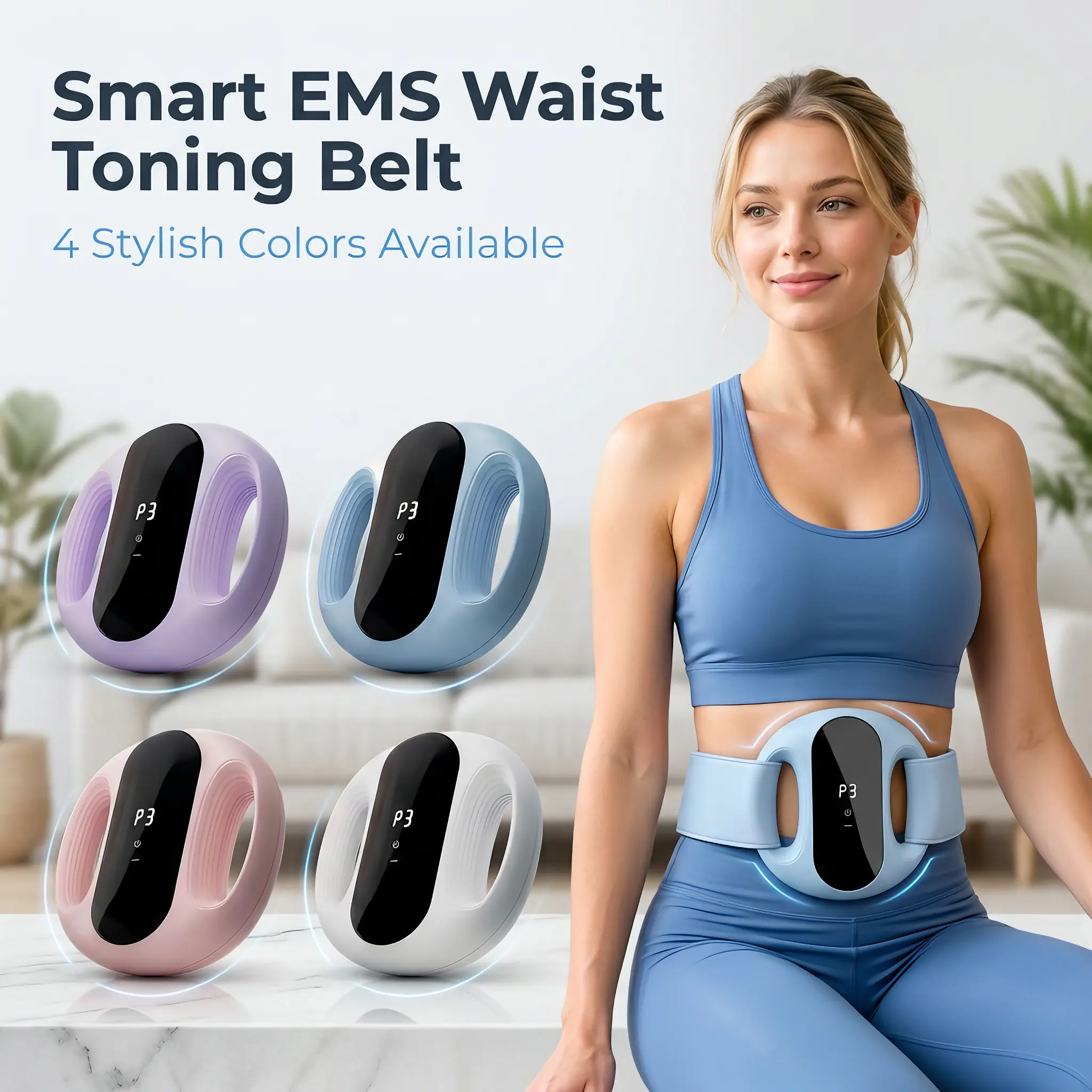 Smart EMS Waist Toning Belt, Wireless Rechargeable Waist Massager with 8 Massage Modes, Ergonomic Silicone Wearable Abdominal Trainer, Portable Body Muscle Stimulator for Home Office Workout, Pain Relief & Body Relax