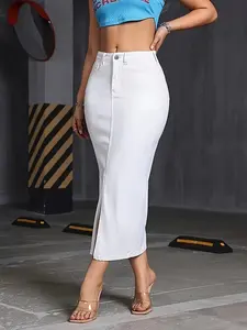 Women's Casual Stretch Mid Rise Button Down Midi Denim A Line Skirt with Side Slit Womens Streetwear Elegant And Stylish Style Elastic Hip Skirt Long Dress Womenswear Bottom Palda Basic Cotton Fabric Fashion Fit Coat Day Fitted Hipster Pockets Pullover