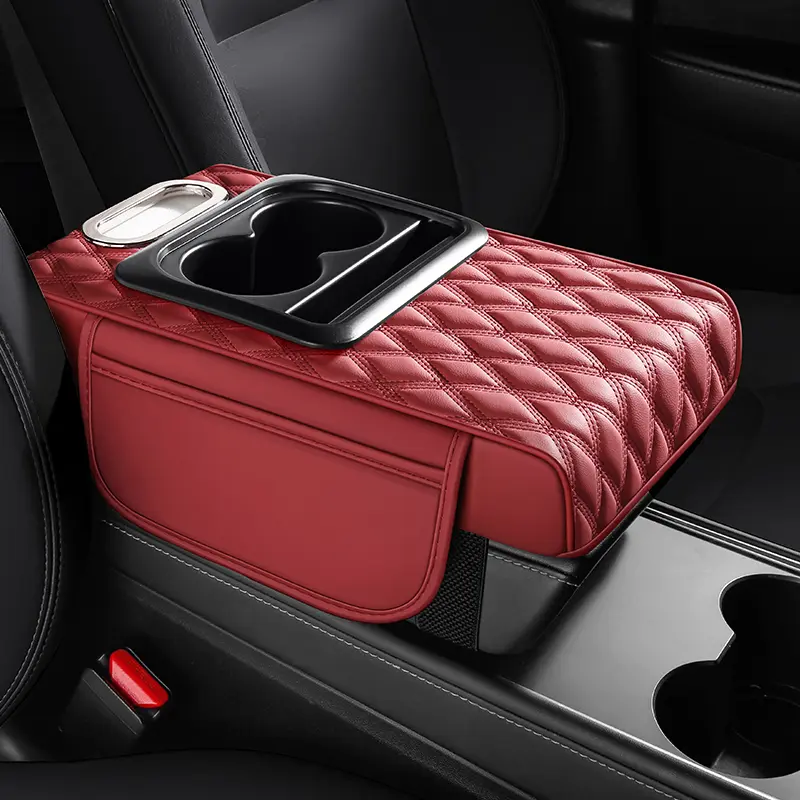 Leather Car Armrest Pad, Auto Accessories - Multi-Functional Car Interior Stowing Pad with Cup Holder, Tissues Slot, Storage Space for Road Trips at Budget Price