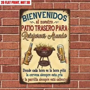 Vintage Rustic Design Metal Sign "Bienvenidos al nuestro Patio Trasero" Spanish Welcome Wall Art Wall Metal Plaque for Outdoor BBQ Patio Decor, Durable M