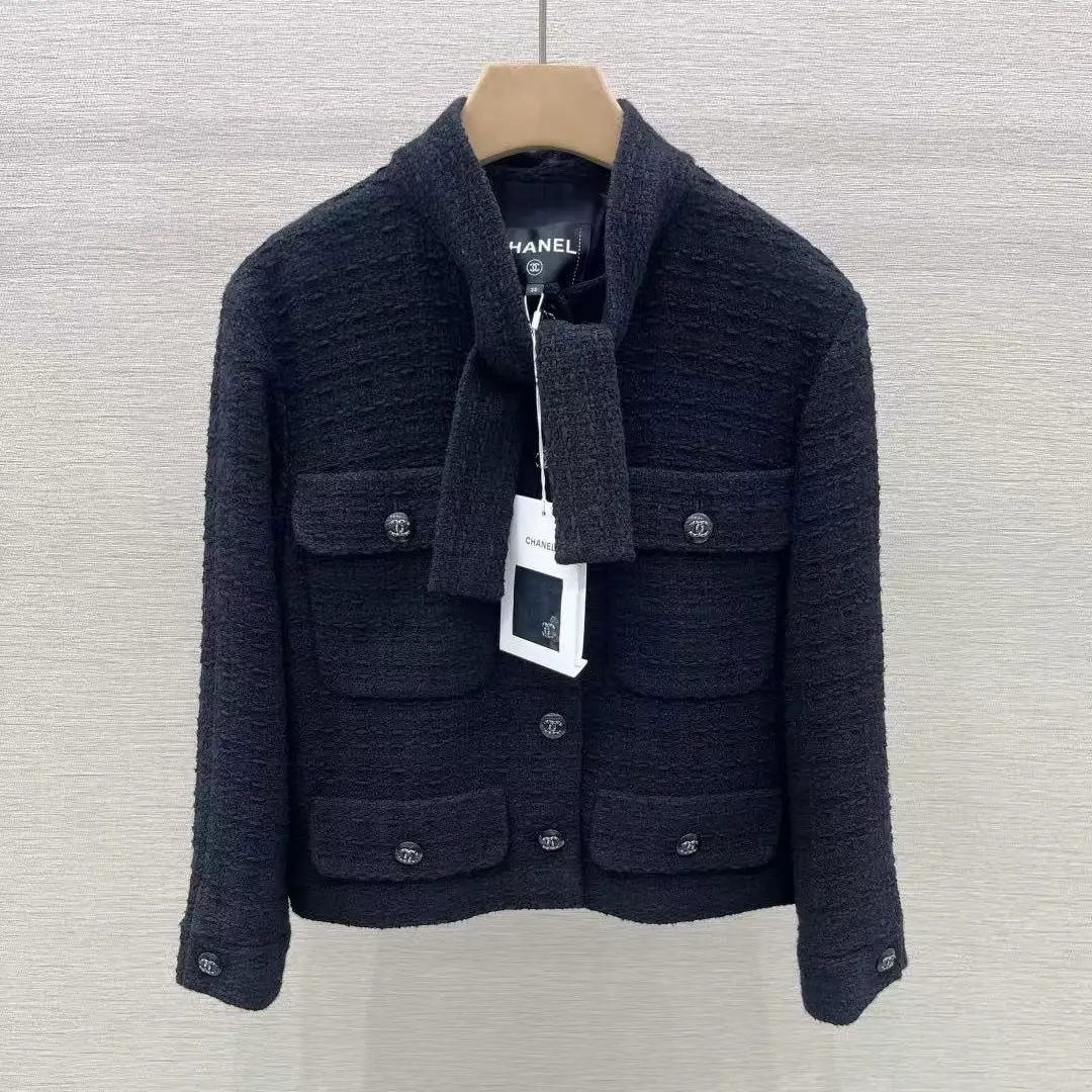 Pre-owned Chanel Black Four Pocket Tie Waist Tweed Jacket with Ribbon Detail, Size 36 102069