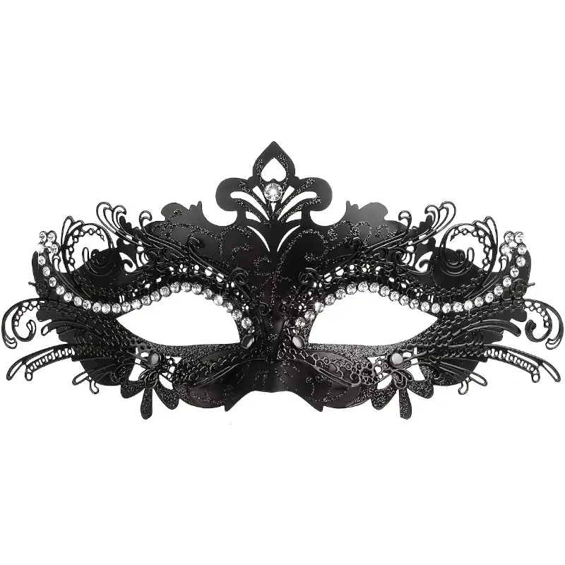 Classic Venetian Masquerade Mask with Rhinestone Flower, Gold and Black Plastic Costume Wear for Halloween, Schools, and Holiday Events, Party, Rhinestones, Christmas, Plastic Body