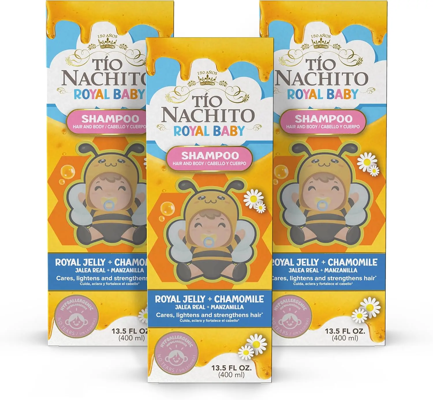 TIO Nachito Hypoallergenic Baby Shampoo with Royal Jelly & Chamomile - Gentle, Tear-Free Body Wash, 13.5 fl oz (Pack of 3)