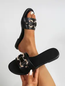 Women's Black White Red Flat Sandals 2026 – Mules with Metal Stud Buckle Design, Minimalist Slip-On Slides for Summer Beach & Everyday Wear, Comfortable Lightweight Shoes with Soft Cushioned Sole, Elegant Sandals