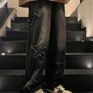 Jeans For Men or Women, High Street Cross Patch Embroidery, Loose Straight Wide Pants (button Holes Not Opened At Waist) Black Casual Streetwear Denim Beige Menswear Original Knife Traditional Trouser