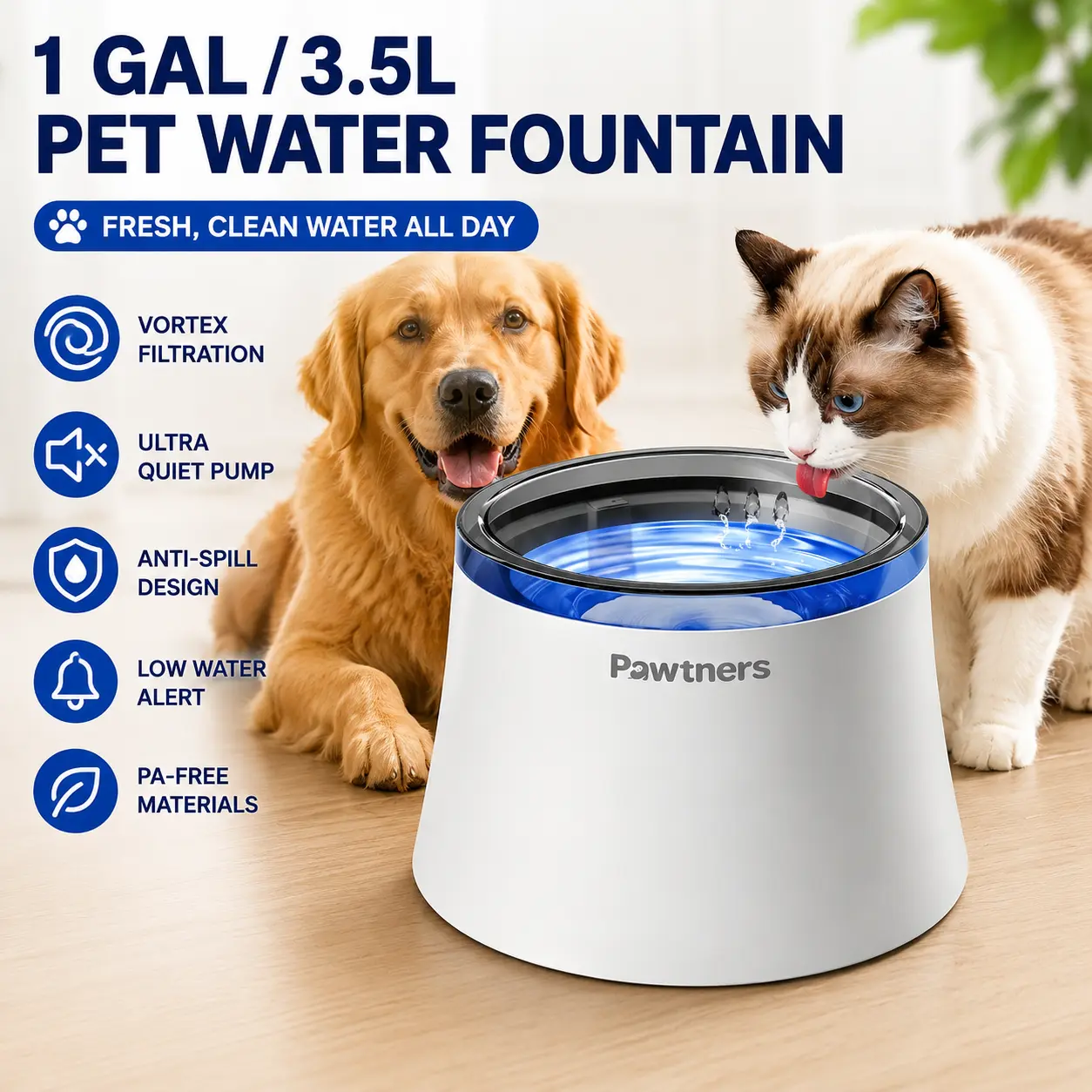 Pawtners Automatic Cat Water Fountain with Pump - 3.5L/1gal, 10in, Ultra-Quiet, Vortex Filtration, Low Water Alert, Splash-Free Anti-Spill Design for Cats & Small Dogs, Water Pump