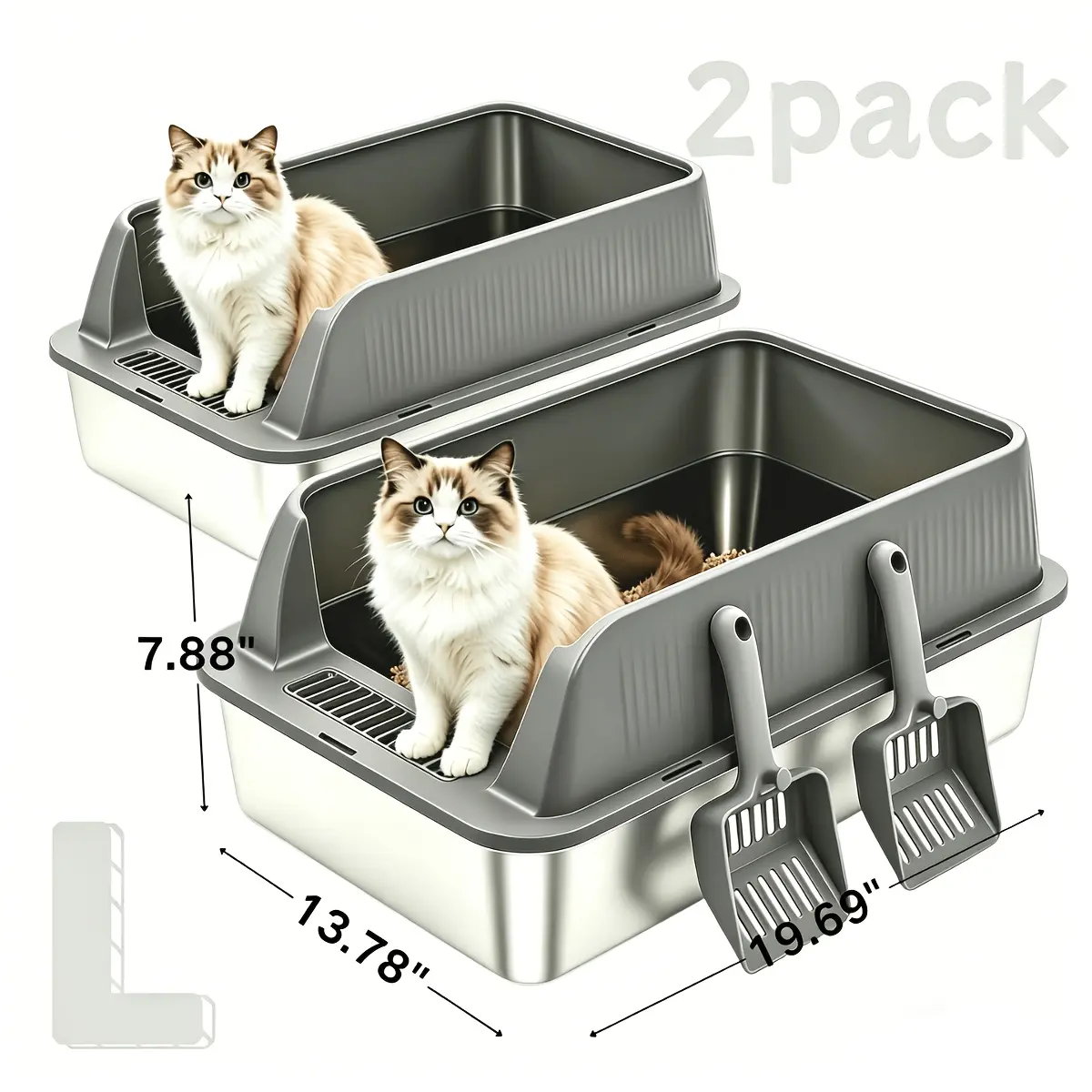 2PACK Stainless Steel Cat Litter Box with Lid, High-Sided Metal Litter Pan for Cats, Small/Medium/Large Sizes Available, Non-Stick Odor-Resistant Leak-Proof Easy Clean Kitty Litter Box with Scoop