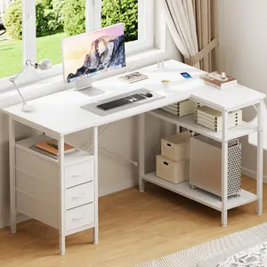 55-Inch Black L-Shaped Gaming Desk with Shelves, Drawers, Power Outlet & Adjustable Shelves – Home Office Corner Desk for Reading, Writing