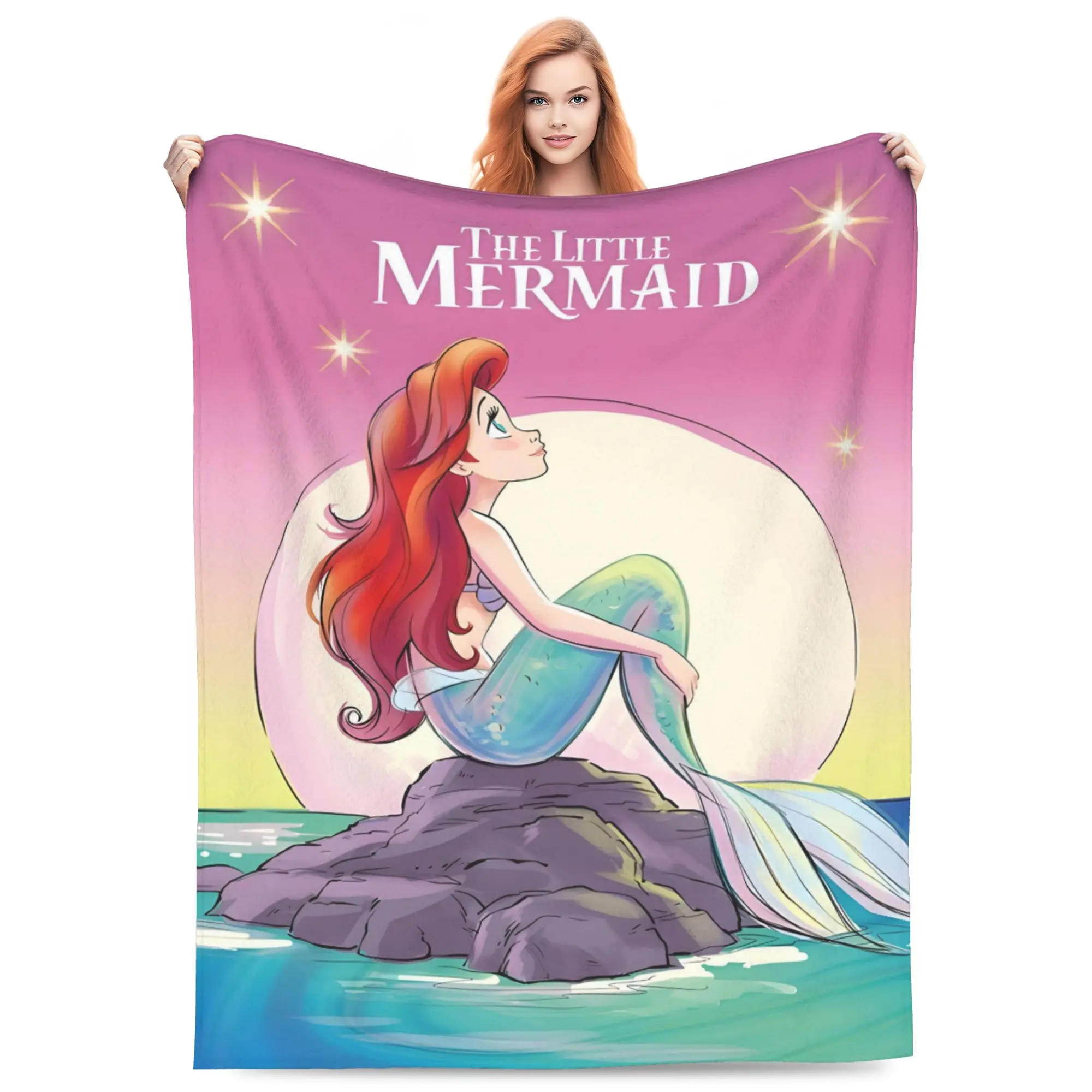 DISNEY CLASSIC Soft Flannel Throw Blanket The Little Mermaid Ariel Cartoon Print Lightweight Cozy Fleece Blanket, Pink Gradient Ocean Moon Pattern Warm Decor Blanket for Sofa Couch Bed Camping Girls Kids Women Birthday Holiday Gift