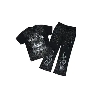 Malykz Black/Black Rhinestone T-shirt/Stacked Flare Track Pant Set