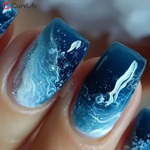 Blue Cosmos Press On Nails | CurvLife Nail | 24pcs Medium Coffin Fake Nails | Glossy Finish with Cosmic Swirls & Starry Glitter Accents | Easy to Apply, Comfortable & Long-Lasting | Great for Dinners, Galas, Concerts & Starry Night Events