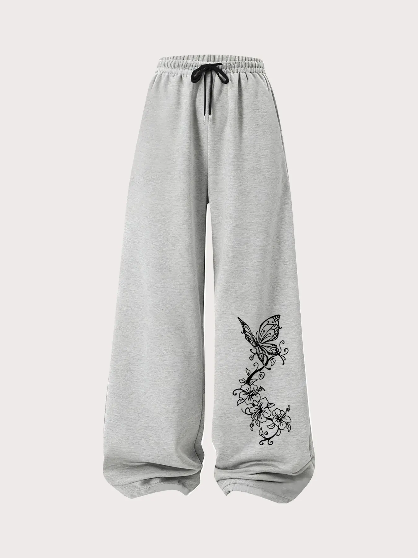 Women's Floral Butterfly Print Drawstring Wide-Leg Pants, Loose Fit Mid-Waist Long Casual Bottoms, All-Season Fashion