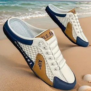 CORASUN Men's Breathable Mesh Half-Slipper Loafers, Lace-Up Deck Shoes with Waterproof PU Upper, Anti-Slip PVC Sole for Beach Vacation, Driving, and Summer Daily Walks – Quick Dry, Soft, Stylish