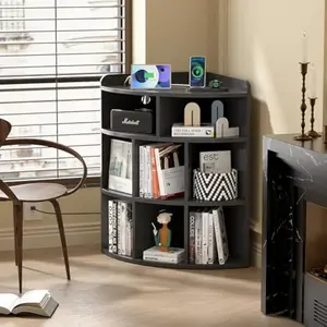 Corner Cabinet with Charging Station, Three-Layer Cube Storage Organizer with USB Ports and Sockets, Triangular Bookcase with 8 Compartments for Playroom, Bedroom, Living Room, Black
