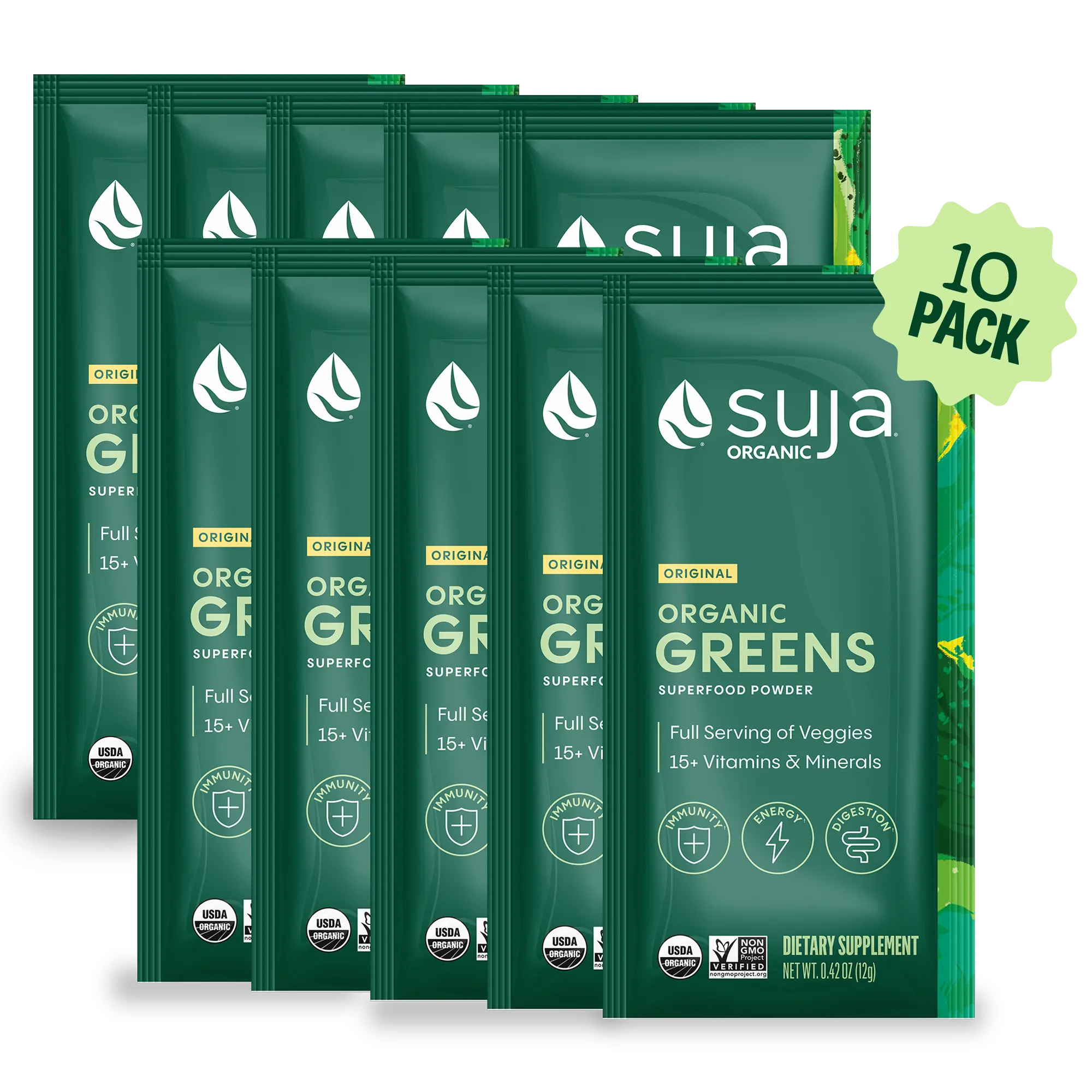 Suja Organic Greens Superfood Powder Trial Pack (10ct) - 40+ Functional Ingredients, Greens, 15+ Vitamins & Minerals, Probiotics, Adaptogens