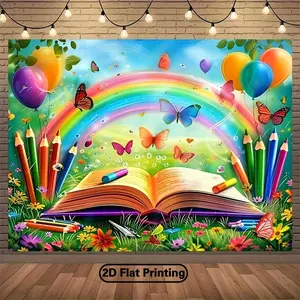 2D Flat Printing Rainbow Open Book Banner - Polyester Back to School Backdrop, Birthday Party Decor, Indoor-Outdoor Photographic Cloth