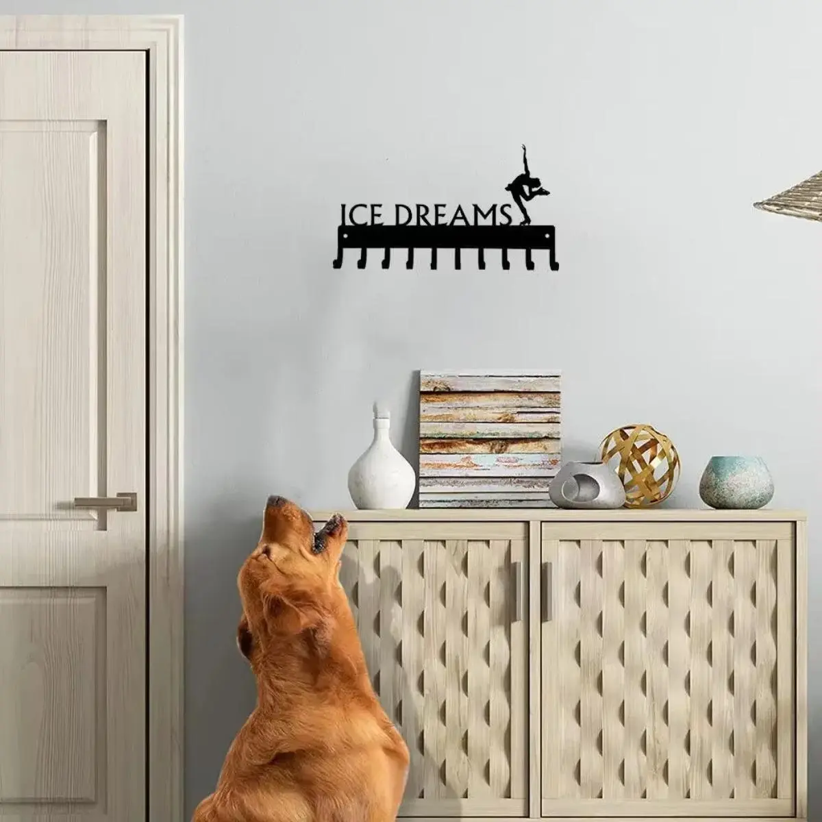 Figure Skating Medal Display Rack, Wall Mounted Trophy Organizer with 10 Hooks, Metal Wall Art for Sports Achievements