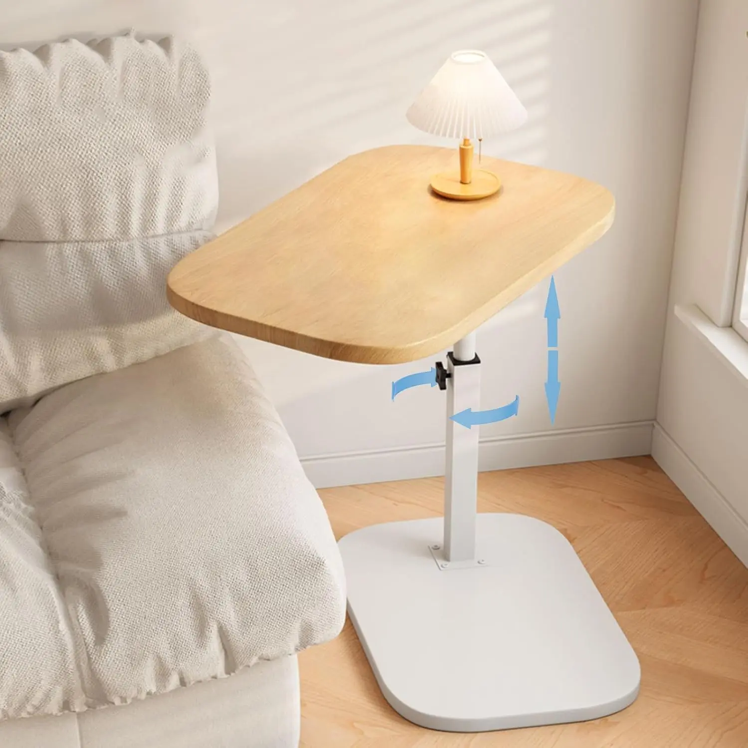 Pedestal Adjustable c Table for Small Spaces,C Shaped End Table Desktop can Turn 360 °   and The Height of The Sofa Small TV Tray Table Can be Adjusted for Couch