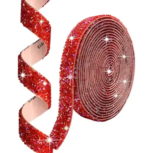 Self Adhesive Red  Rhinestone Strips Rhinestones Ribbon,4 Yards Bling  Ribbons  Sticker Applicable to Wedding Birthday Christmas Party DIY Crafts (Red AB)