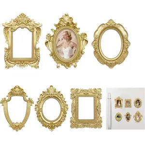 6PCS Mini Gold Picture Frames for Refrigerator, Small Vintage Photo Frames with Magnetic DIY Tools, Resin Mini Gold Frames Set, Small Photo Frame for Office Home Retro Victorian Style Decor