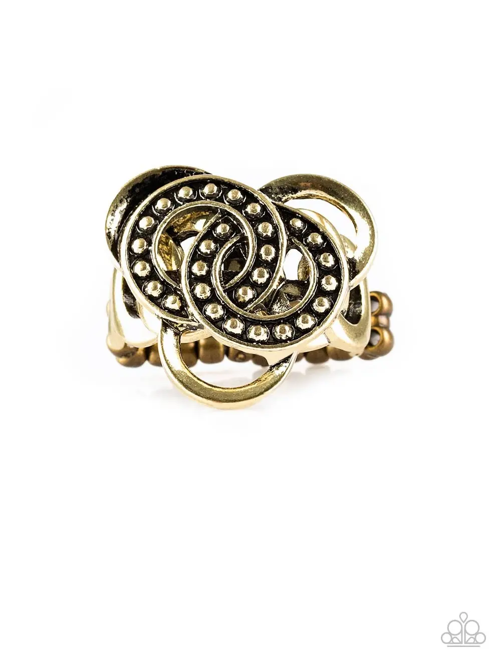 Dizzying Distraction - Brass Stretchy Ring, Brass Rings with Smooth and Studded Textures Layer and Interlink