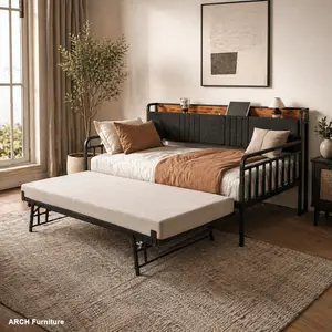 ARCH Twin Metal Daybed with Trundle, Sturdy Indoor Bed Frame with Upholstered Headboard & Charging Station, Apartment Furniture for Living Room & Bedroom, Black Studio & Small Space Furniture, Furniture For Apartment