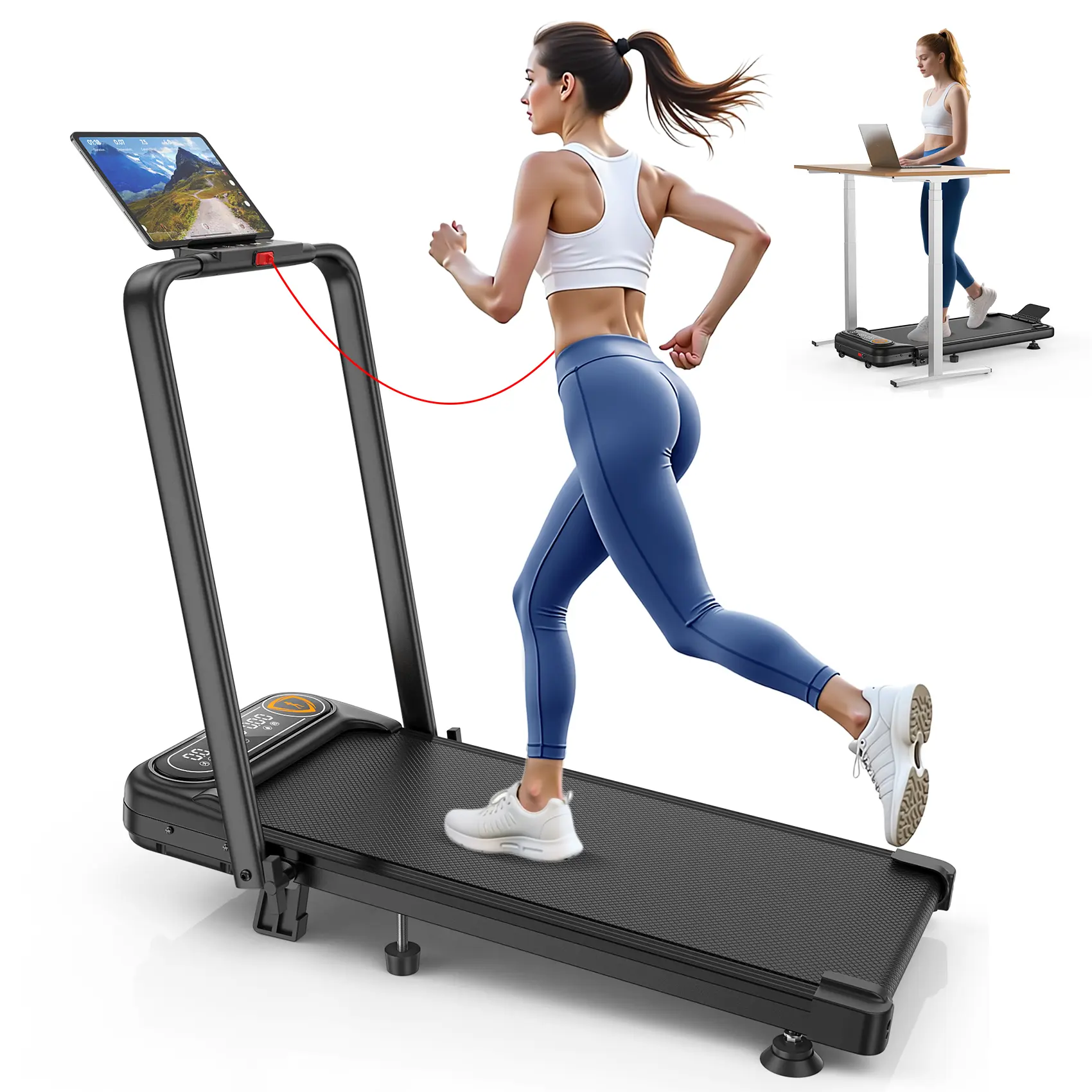 Trisomy Foldable Portable 4 in 1 Walking Pad Treadmill with 10% Adjustable Incline, Upgrade 3.5HP Low Noise Under Desk Treadmill with Handle Bar, 350Lbs Capacity, APP & Remote Control for Home Gym Fitness and Office
