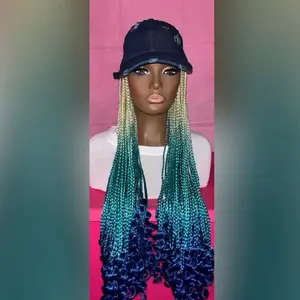 Women's Custom Made 24" Lake Blue Royal Blue & Blonde Box Braids with Curly Ends Wig Hat for Styling and Fashion Expression