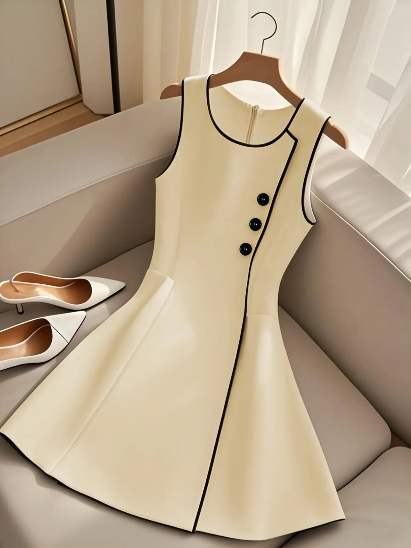 Women's French Colorblock Trim Sleeveless Dress, Summer Waist Cinch Single Button A-Line Midi Dress, Chic Elegant Office Wear Womenswear