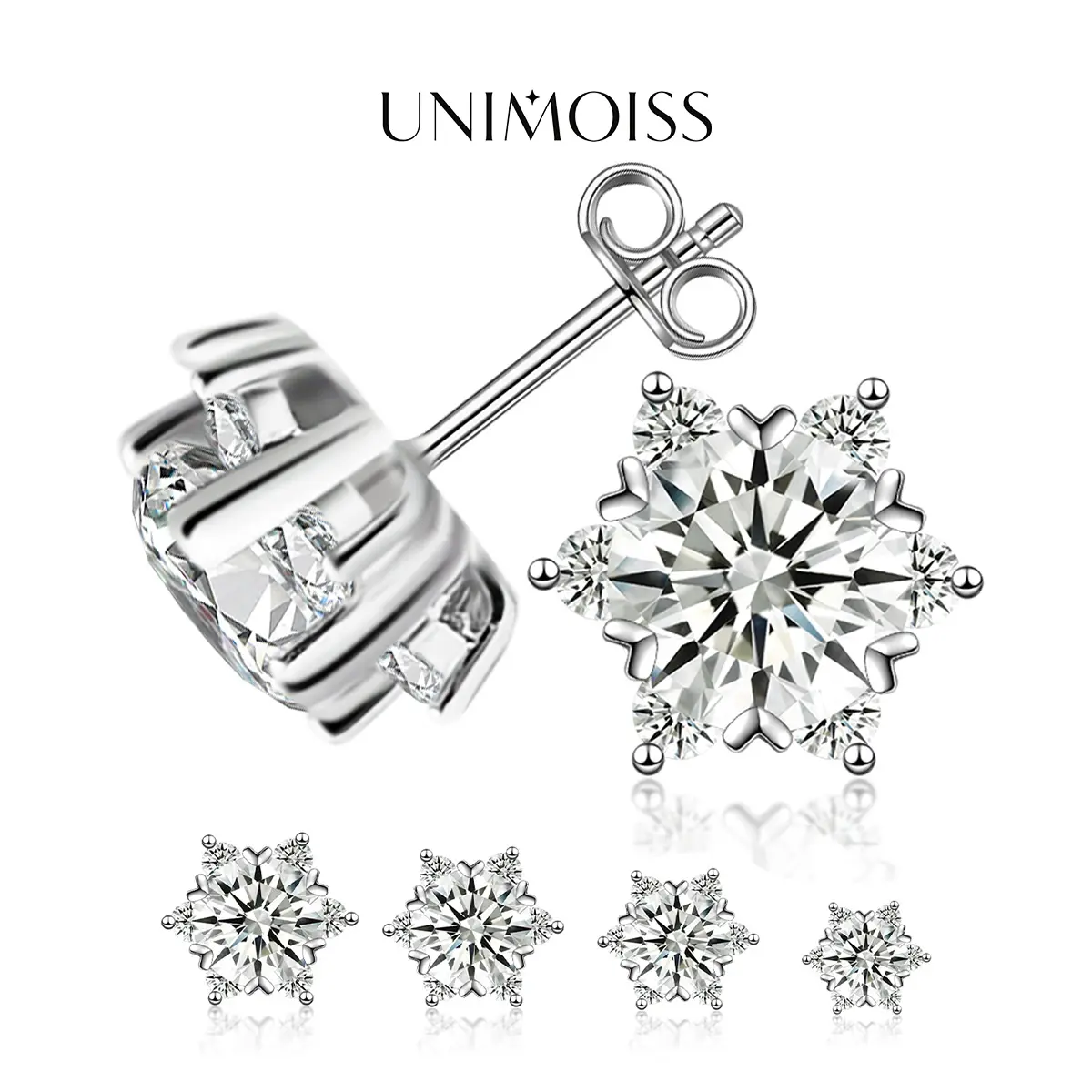 UniMoiss Moissanite 0.5-3ct Snowflake Stud Earrings, Silver-Plated Sparkling Winter Frost Earrings, Luxury Elegant Jewelry, Glamorous Matchings, Ideal Gift for Any Occasion, Birthday Christmas Family Gifts,Wedding Engagement Anniversary Party Gift